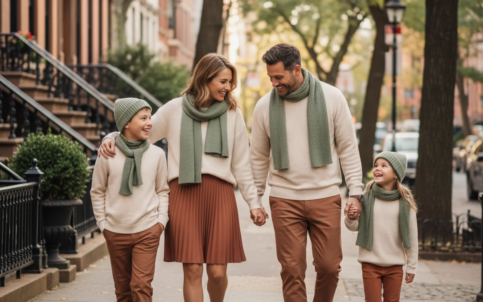 A happy family in coordinated Kindred Thread outfits in a blooming garden