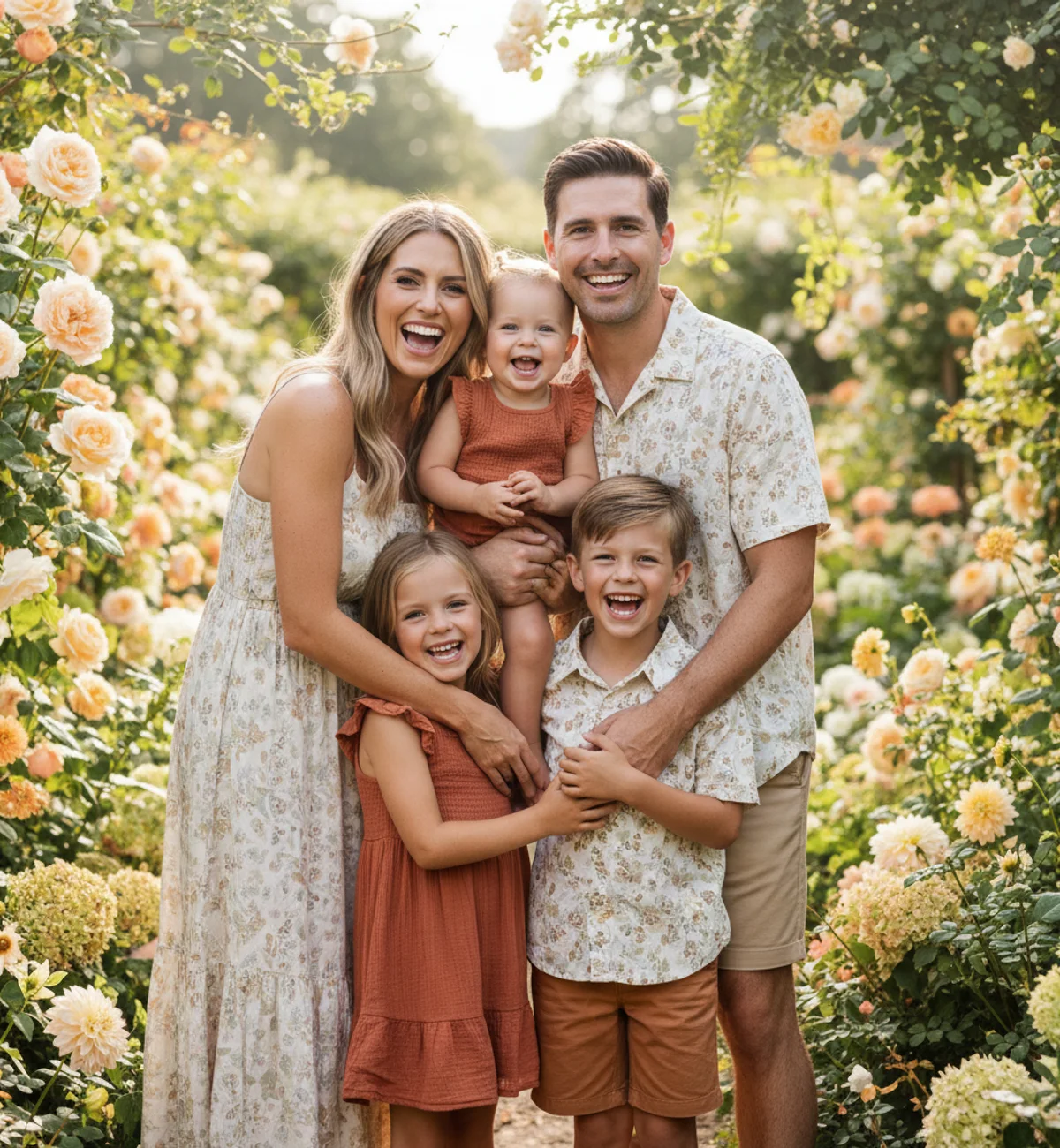 An extended family in coordinated outfits